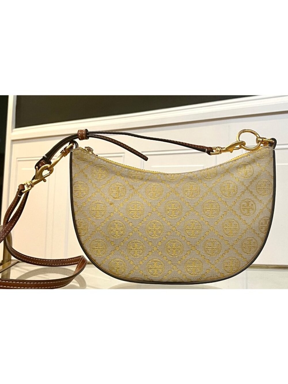 Tory Burch Monogram Half-Moon Crossbody Bag With Adjustable Strap In Yellow & Br